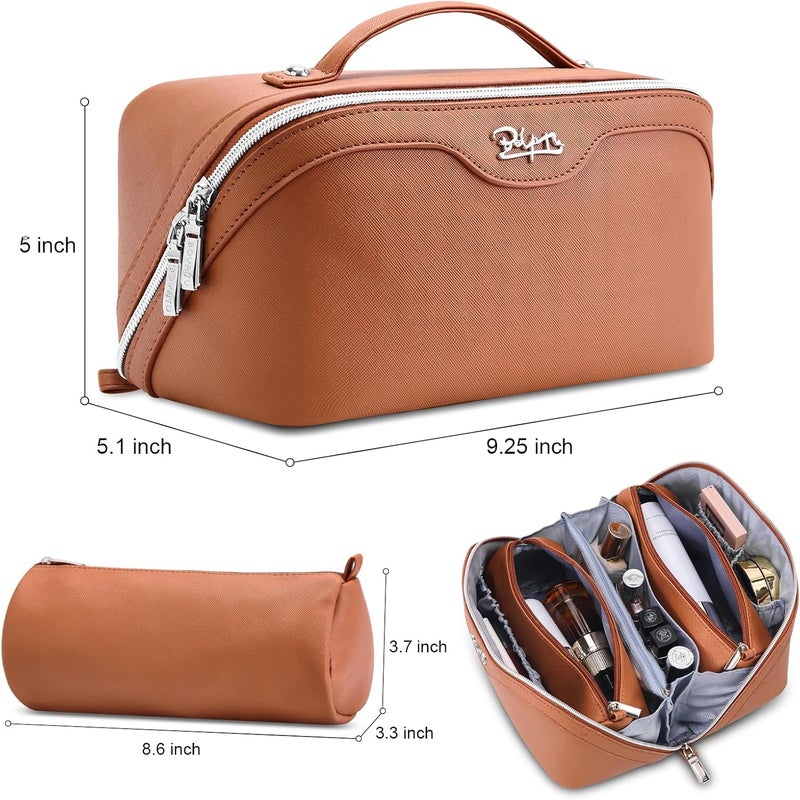 BOYATU Travel Makeup Bag Organizer Cosmetic Bag: 3 Pcs Set Make up Bags for Women with Handle - Waterproof Vegan Leather Toiletry Bags Travel Essentials Pouch with Compartments (C-02-Brown) - Image 2